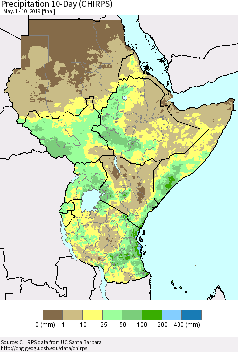 Eastern Africa Precipitation 10-Day (CHIRPS) Thematic Map For 5/1/2019 - 5/10/2019