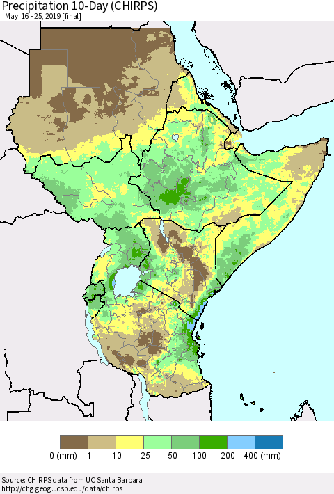 Eastern Africa Precipitation 10-Day (CHIRPS) Thematic Map For 5/16/2019 - 5/25/2019