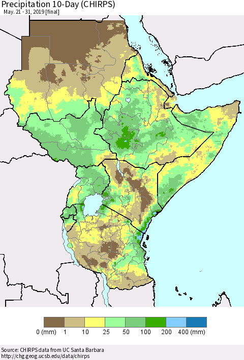 Eastern Africa Precipitation 10-Day (CHIRPS) Thematic Map For 5/21/2019 - 5/31/2019