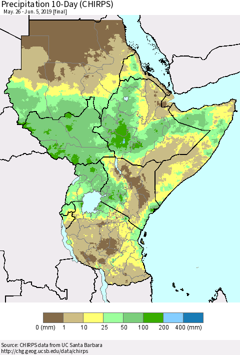Eastern Africa Precipitation 10-Day (CHIRPS) Thematic Map For 5/26/2019 - 6/5/2019