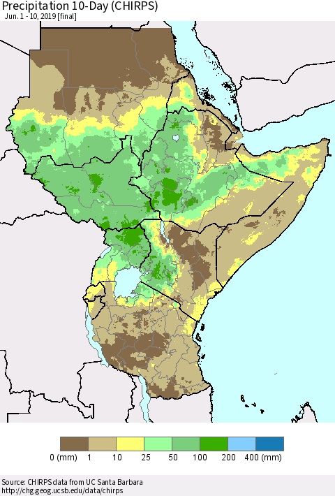 Eastern Africa Precipitation 10-Day (CHIRPS) Thematic Map For 6/1/2019 - 6/10/2019