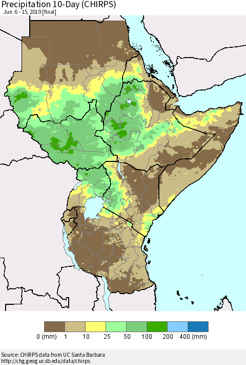 Eastern Africa Precipitation 10-Day (CHIRPS) Thematic Map For 6/6/2019 - 6/15/2019