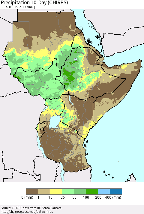 Eastern Africa Precipitation 10-Day (CHIRPS) Thematic Map For 6/16/2019 - 6/25/2019