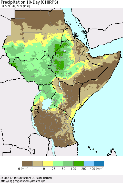 Eastern Africa Precipitation 10-Day (CHIRPS) Thematic Map For 6/21/2019 - 6/30/2019