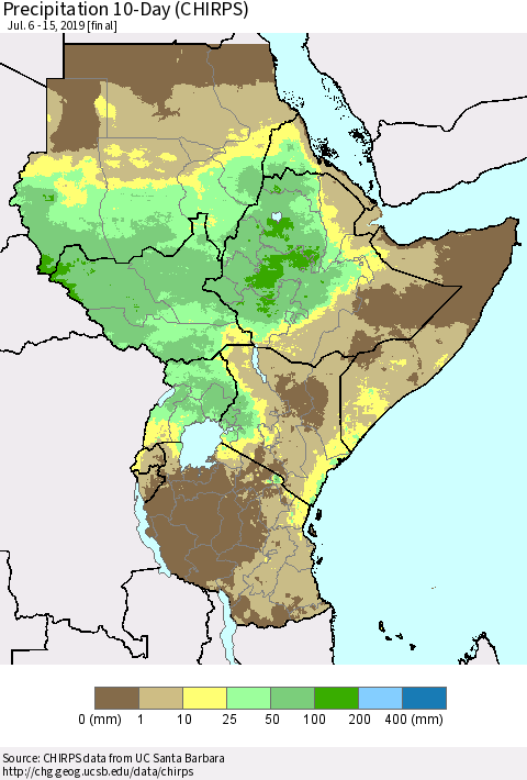 Eastern Africa Precipitation 10-Day (CHIRPS) Thematic Map For 7/6/2019 - 7/15/2019
