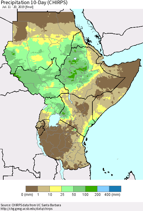 Eastern Africa Precipitation 10-Day (CHIRPS) Thematic Map For 7/11/2019 - 7/20/2019