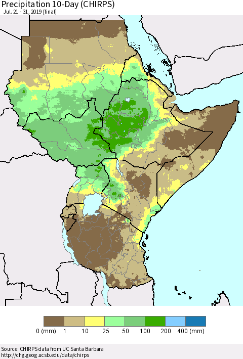 Eastern Africa Precipitation 10-Day (CHIRPS) Thematic Map For 7/21/2019 - 7/31/2019