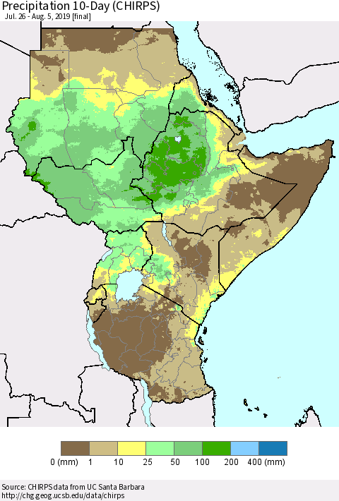 Eastern Africa Precipitation 10-Day (CHIRPS) Thematic Map For 7/26/2019 - 8/5/2019