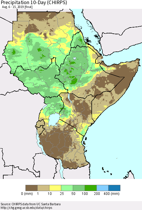 Eastern Africa Precipitation 10-Day (CHIRPS) Thematic Map For 8/6/2019 - 8/15/2019
