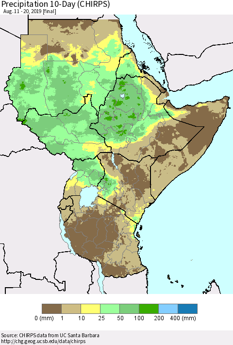 Eastern Africa Precipitation 10-Day (CHIRPS) Thematic Map For 8/11/2019 - 8/20/2019
