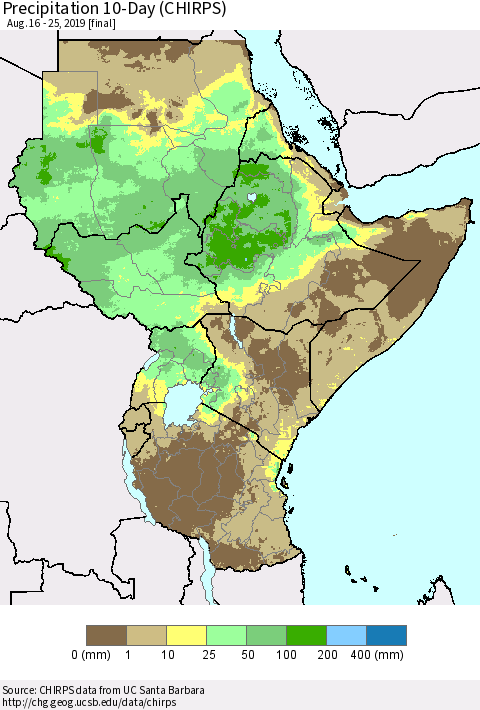 Eastern Africa Precipitation 10-Day (CHIRPS) Thematic Map For 8/16/2019 - 8/25/2019