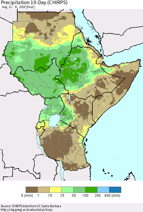 Eastern Africa Precipitation 10-Day (CHIRPS) Thematic Map For 8/21/2019 - 8/31/2019