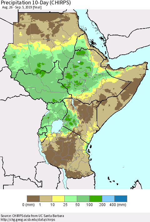 Eastern Africa Precipitation 10-Day (CHIRPS) Thematic Map For 8/26/2019 - 9/5/2019