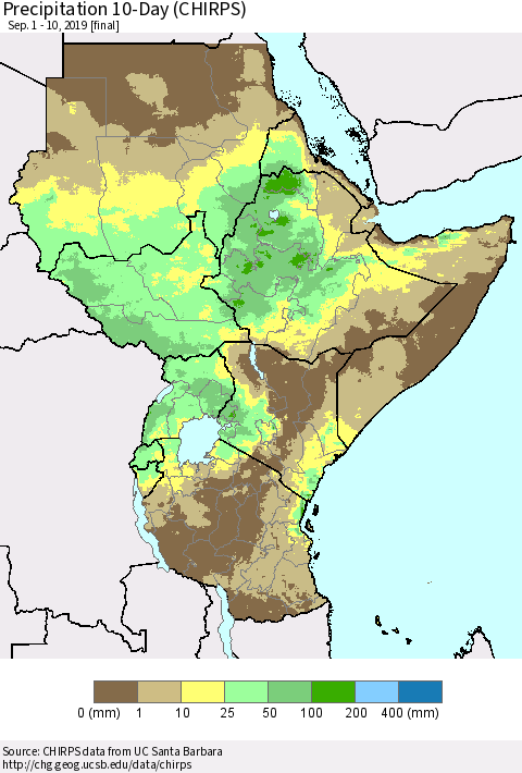 Eastern Africa Precipitation 10-Day (CHIRPS) Thematic Map For 9/1/2019 - 9/10/2019