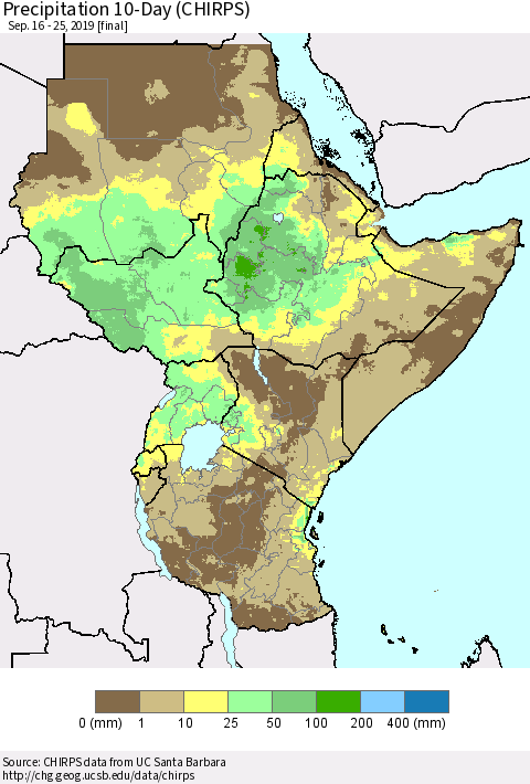 Eastern Africa Precipitation 10-Day (CHIRPS) Thematic Map For 9/16/2019 - 9/25/2019