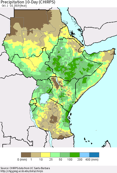Eastern Africa Precipitation 10-Day (CHIRPS) Thematic Map For 10/1/2019 - 10/10/2019