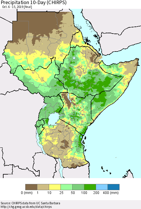 Eastern Africa Precipitation 10-Day (CHIRPS) Thematic Map For 10/6/2019 - 10/15/2019