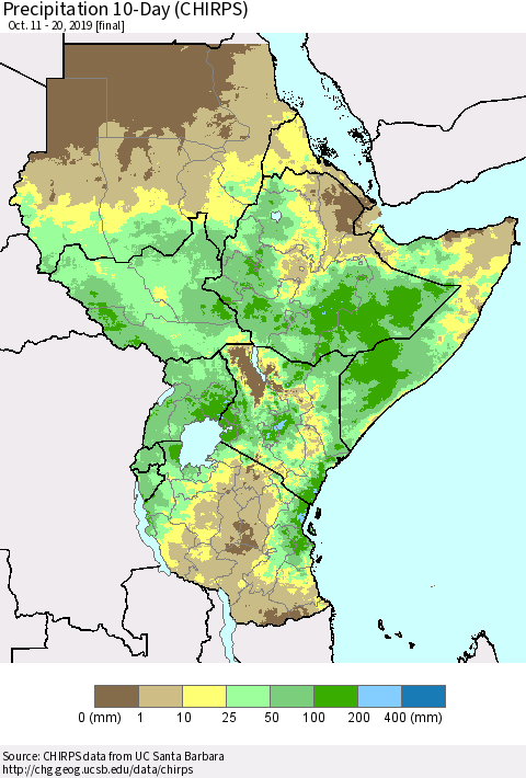 Eastern Africa Precipitation 10-Day (CHIRPS) Thematic Map For 10/11/2019 - 10/20/2019