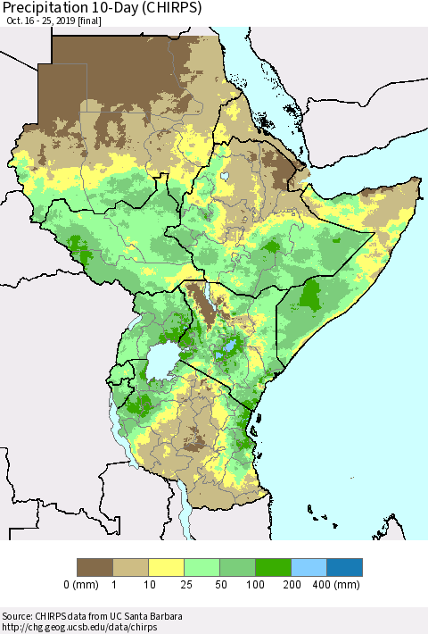 Eastern Africa Precipitation 10-Day (CHIRPS) Thematic Map For 10/16/2019 - 10/25/2019