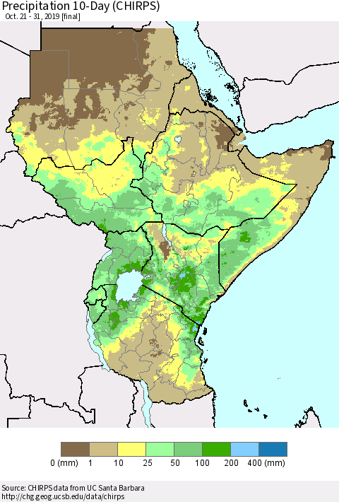 Eastern Africa Precipitation 10-Day (CHIRPS) Thematic Map For 10/21/2019 - 10/31/2019