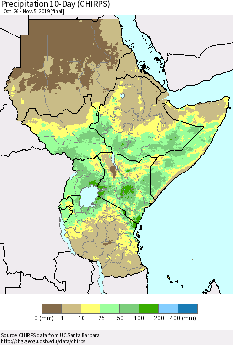 Eastern Africa Precipitation 10-Day (CHIRPS) Thematic Map For 10/26/2019 - 11/5/2019