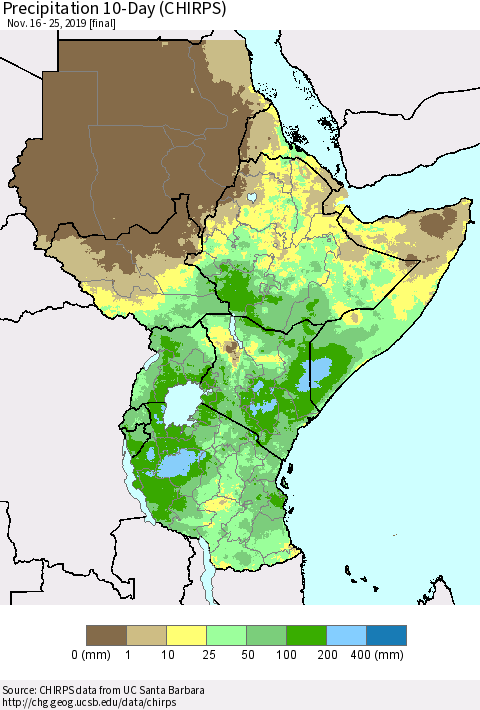 Eastern Africa Precipitation 10-Day (CHIRPS) Thematic Map For 11/16/2019 - 11/25/2019