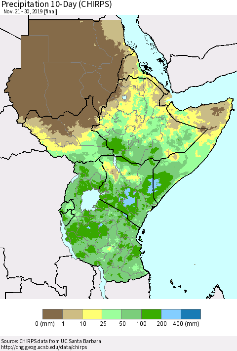 Eastern Africa Precipitation 10-Day (CHIRPS) Thematic Map For 11/21/2019 - 11/30/2019
