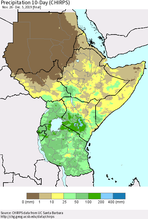 Eastern Africa Precipitation 10-Day (CHIRPS) Thematic Map For 11/26/2019 - 12/5/2019