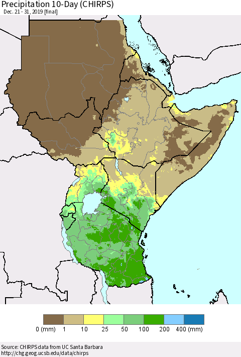 Eastern Africa Precipitation 10-Day (CHIRPS) Thematic Map For 12/21/2019 - 12/31/2019
