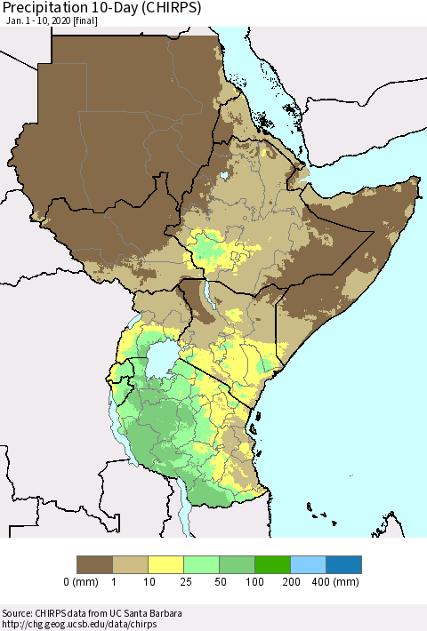 Eastern Africa Precipitation 10-Day (CHIRPS) Thematic Map For 1/1/2020 - 1/10/2020