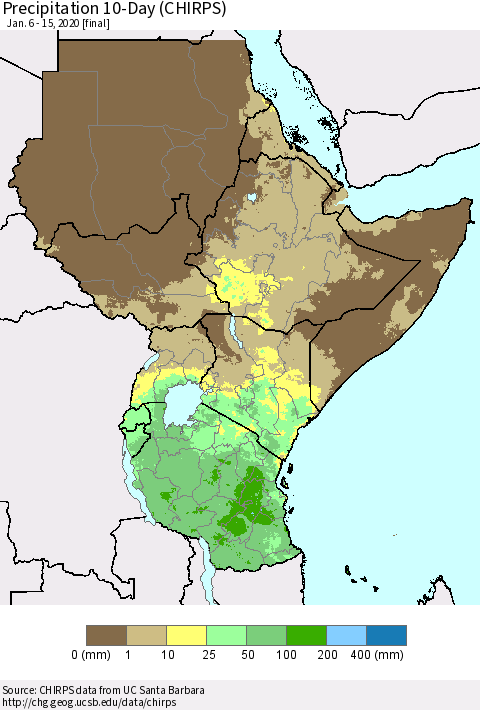 Eastern Africa Precipitation 10-Day (CHIRPS) Thematic Map For 1/6/2020 - 1/15/2020
