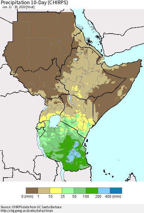 Eastern Africa Precipitation 10-Day (CHIRPS) Thematic Map For 1/11/2020 - 1/20/2020