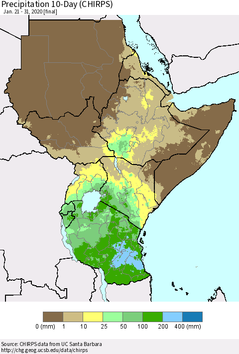 Eastern Africa Precipitation 10-Day (CHIRPS) Thematic Map For 1/21/2020 - 1/31/2020