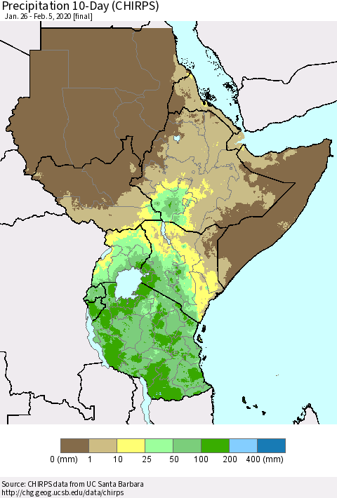 Eastern Africa Precipitation 10-Day (CHIRPS) Thematic Map For 1/26/2020 - 2/5/2020