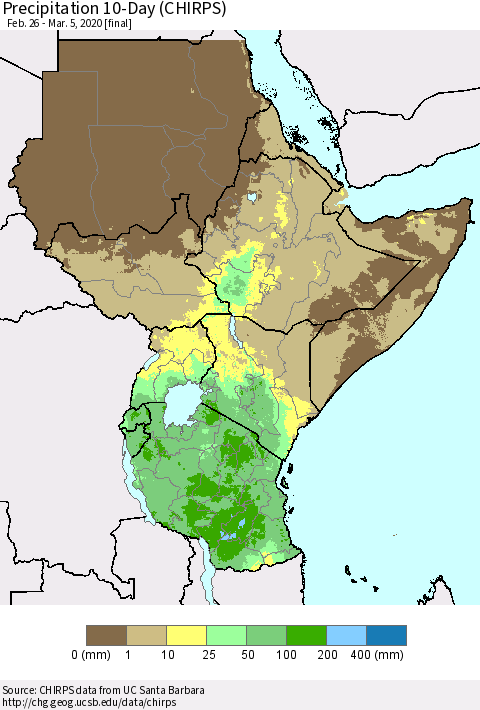Eastern Africa Precipitation 10-Day (CHIRPS) Thematic Map For 2/26/2020 - 3/5/2020