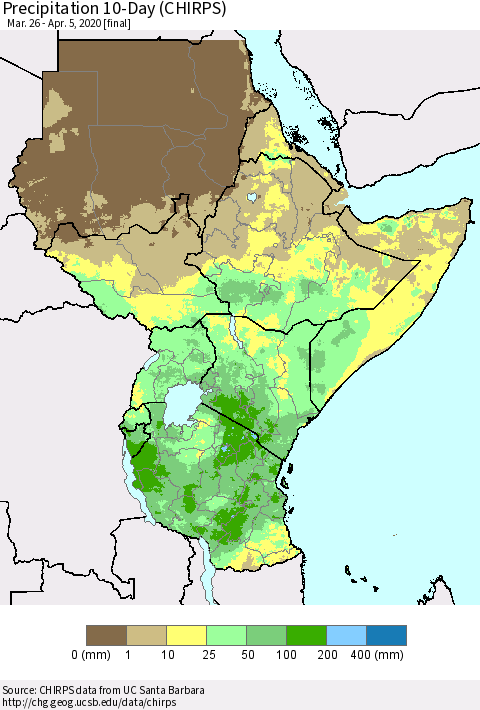 Eastern Africa Precipitation 10-Day (CHIRPS) Thematic Map For 3/26/2020 - 4/5/2020