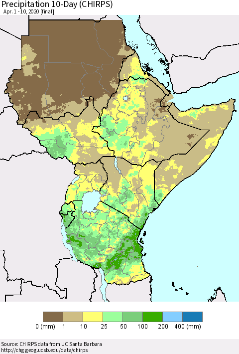 Eastern Africa Precipitation 10-Day (CHIRPS) Thematic Map For 4/1/2020 - 4/10/2020