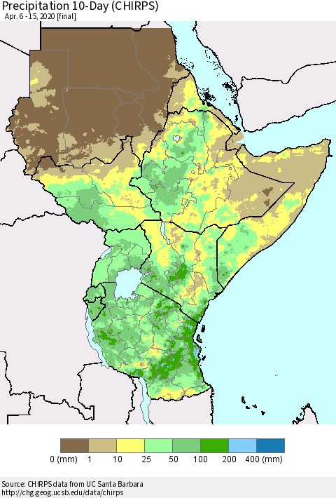 Eastern Africa Precipitation 10-Day (CHIRPS) Thematic Map For 4/6/2020 - 4/15/2020