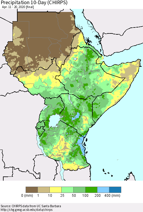 Eastern Africa Precipitation 10-Day (CHIRPS) Thematic Map For 4/11/2020 - 4/20/2020