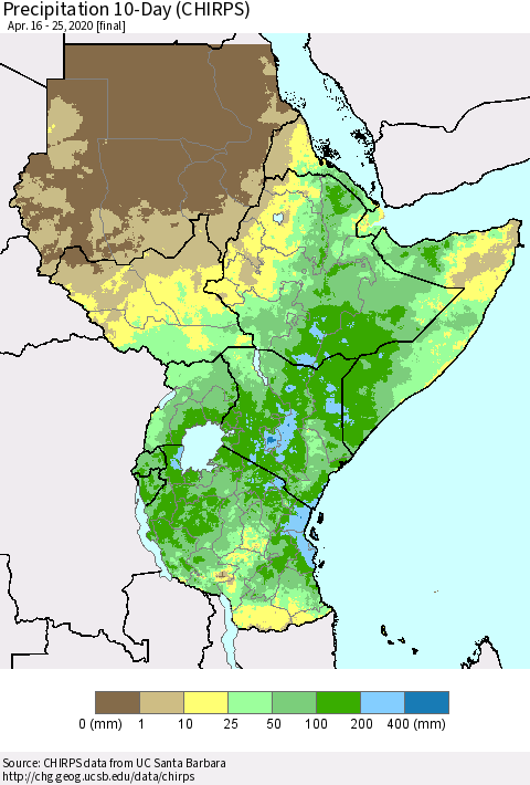 Eastern Africa Precipitation 10-Day (CHIRPS) Thematic Map For 4/16/2020 - 4/25/2020