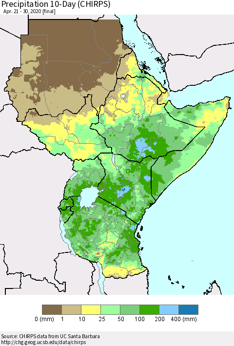 Eastern Africa Precipitation 10-Day (CHIRPS) Thematic Map For 4/21/2020 - 4/30/2020