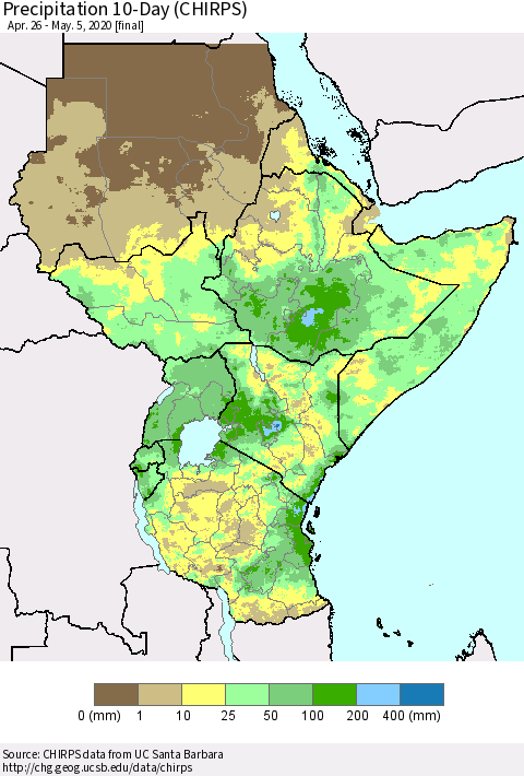 Eastern Africa Precipitation 10-Day (CHIRPS) Thematic Map For 4/26/2020 - 5/5/2020