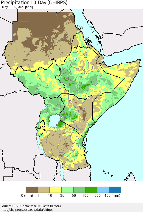 Eastern Africa Precipitation 10-Day (CHIRPS) Thematic Map For 5/1/2020 - 5/10/2020