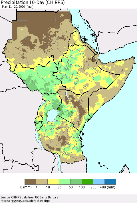 Eastern Africa Precipitation 10-Day (CHIRPS) Thematic Map For 5/11/2020 - 5/20/2020