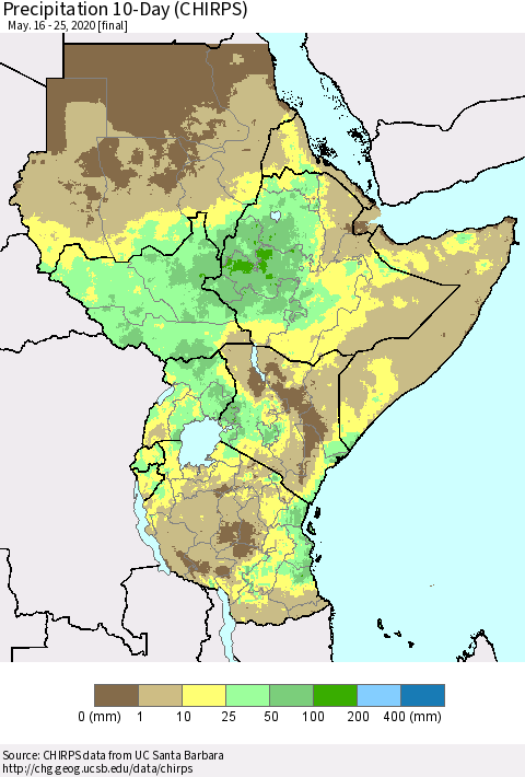 Eastern Africa Precipitation 10-Day (CHIRPS) Thematic Map For 5/16/2020 - 5/25/2020