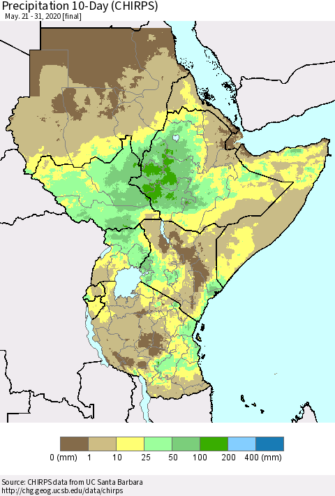 Eastern Africa Precipitation 10-Day (CHIRPS) Thematic Map For 5/21/2020 - 5/31/2020
