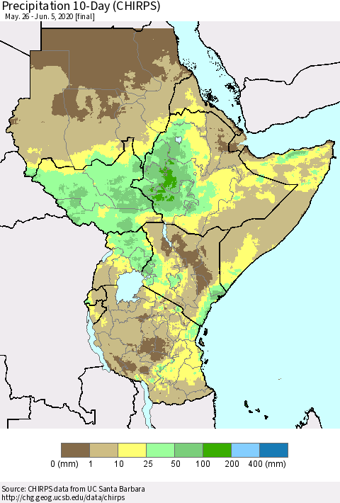Eastern Africa Precipitation 10-Day (CHIRPS) Thematic Map For 5/26/2020 - 6/5/2020