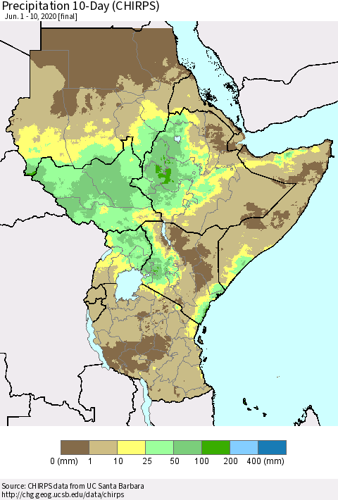Eastern Africa Precipitation 10-Day (CHIRPS) Thematic Map For 6/1/2020 - 6/10/2020