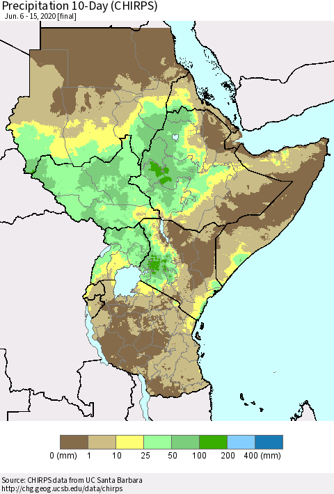 Eastern Africa Precipitation 10-Day (CHIRPS) Thematic Map For 6/6/2020 - 6/15/2020