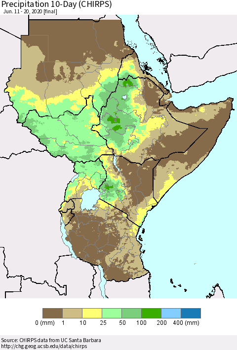 Eastern Africa Precipitation 10-Day (CHIRPS) Thematic Map For 6/11/2020 - 6/20/2020